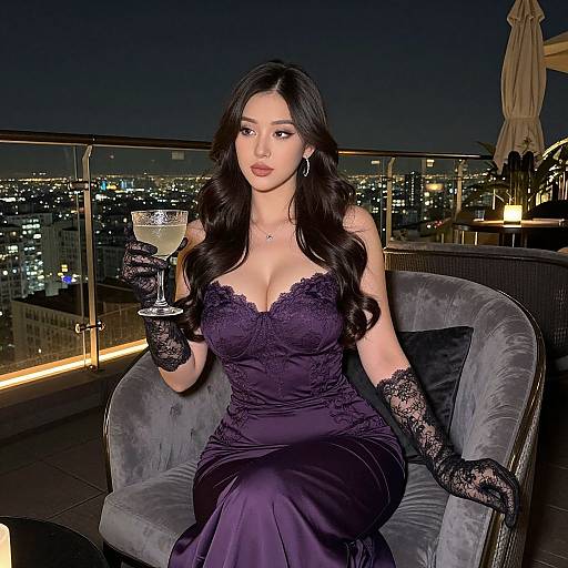 Elegant Asian woman in dark purple lace gown and gloves, holding a glass, sitting on rooftop terrace at night. Cityscape background. Photorealistic
