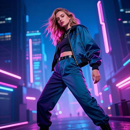 Photograph of a confident blonde woman in a blue bomber jacket and high-waisted pants, walking in a neon-lit, futuristic city street at