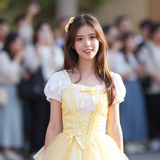 Photograph of a young Asian girl with long brown hair, wearing a yellow dress with white sleeves, smiling in front of a blurred crowd. Sunlight