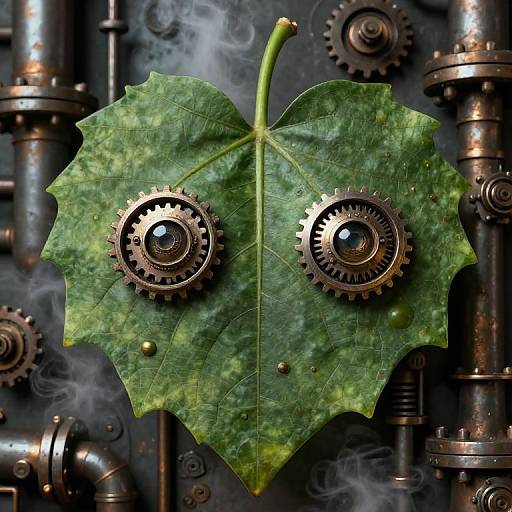 Photograph of a green leaf with two brass gears as eyes, set against a background of industrial pipes and steam.