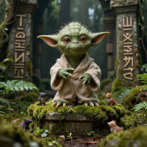Photorealistic CGI of a green, hairy, big-eyed goblin in a beige robe, standing on a mossy stone in a forest, surrounded