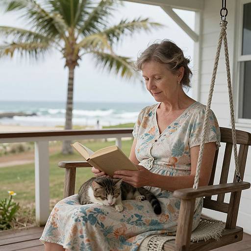 Elderly woman with gray hair, wearing floral dress, reads book on porch swing, with cat on lap, palm tree and ocean view background.