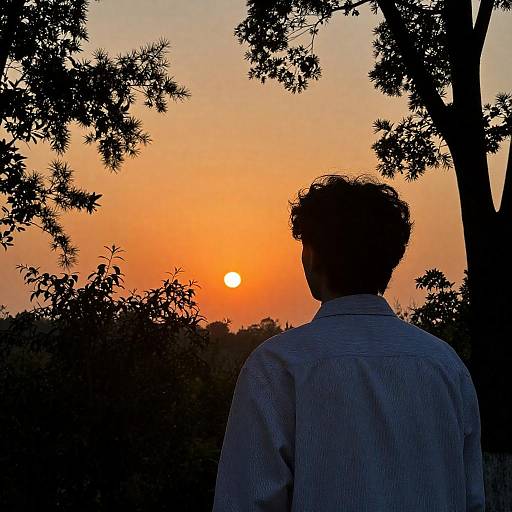 Silhouetted Figure Against Orange Sunset
