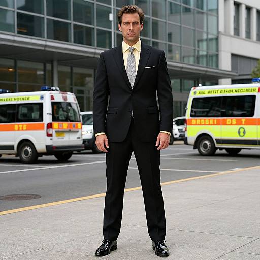 Confident Man in Classic Suit by Modern Facade