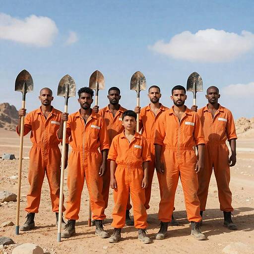 Seven Men in Jumpsuits in Desert