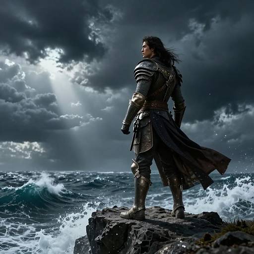 Photograph of a muscular, dark-haired warrior in medieval armor standing on a rocky cliff, facing stormy ocean waves under a dramatic, cloudy sky.