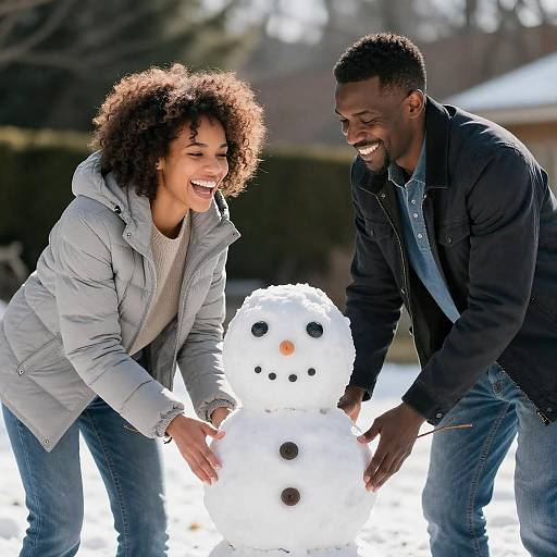 Joyful Snowman Building in the Sun