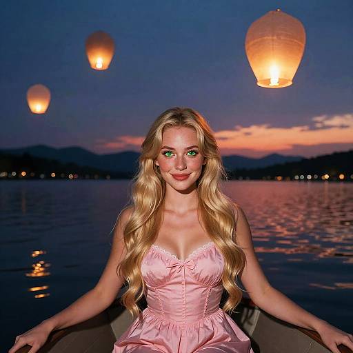 Photograph of a blonde woman with green eyes, wearing a pink satin dress, seated on a boat at dusk, with three lit paper lanterns in