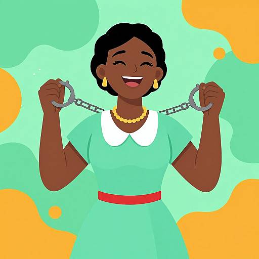 Digital illustration of a smiling Black woman with dark skin, short curly hair, wearing a green dress, white collar, red belt, gold earrings, and