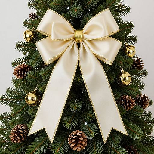 Photograph of a decorated Christmas tree with a large, satin, cream-colored bow, golden bells, and brown pinecones on a white background.