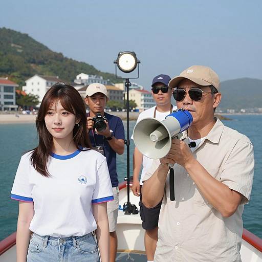 Group on Boat near Coastal Town