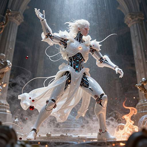 Digital art of a white-haired, armored cyborg warrior in a rainstorm, surrounded by flames, with flowing white fabric, in a grand, ar