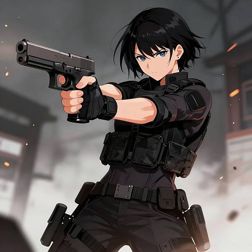 Anime-style digital drawing of a black-haired woman with blue eyes, wearing black tactical gear, aiming a handgun in a smoky, urban background. Int