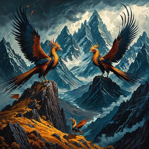 Majestic Phoenixes on Stormy Mountain Peaks