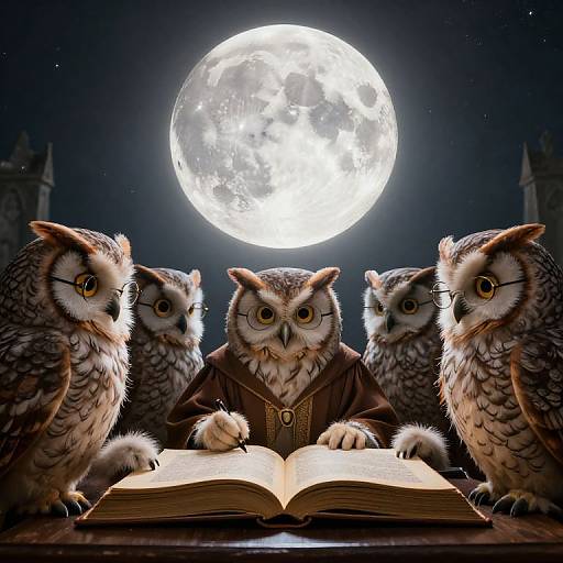 Photorealistic CGI: Five owls with large eyes, wearing a brown robe, gather around an open book under a full moon.