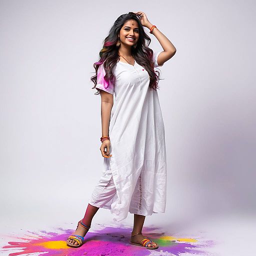 Cheerful Young Woman in Colorful Holi Fest