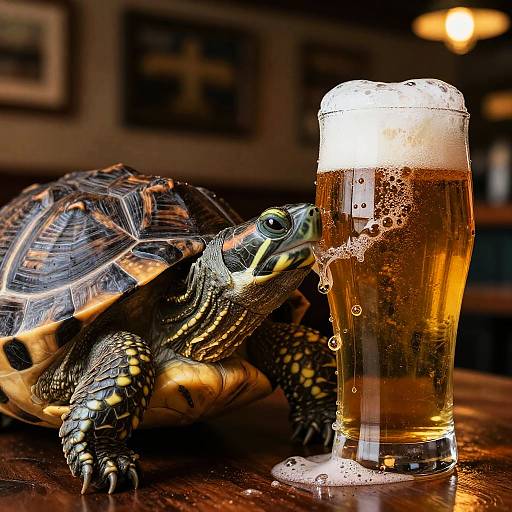 Turtle Enjoying Beer in Cozy Pub