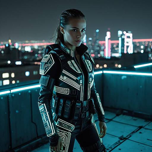 Futuristic Cyberpunk Warrior on Urban Rooftop