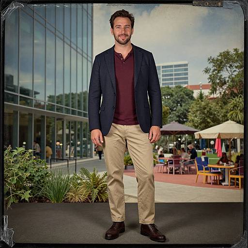 Photograph of a bearded man with short brown hair, wearing a navy blazer, burgundy polo, beige pants, and black shoes, standing