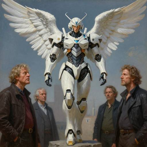 Photograph-style CGI: White winged humanoid robot with blue accents stands between three men in dark clothing, against a clear blue sky background.