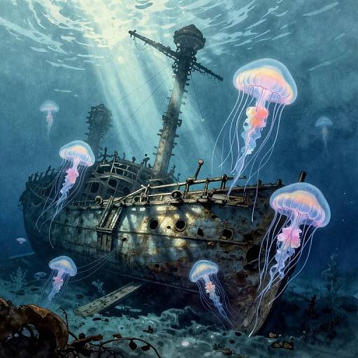 Photograph-style digital artwork of a sunlit, underwater shipwreck surrounded by glowing, pink and blue jellyfish, with rays of light filtering through