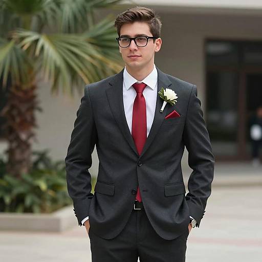 Young Man in Dark Charcoal Suit with Red Tie