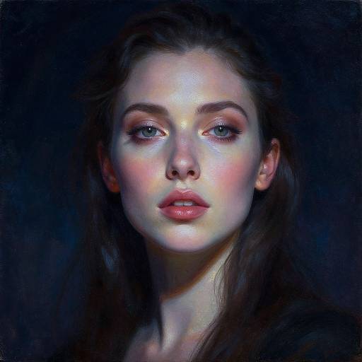 Digital painting of a pale-skinned woman with blue eyes, glossy pink lips, and dark brown hair against a dark blue background.