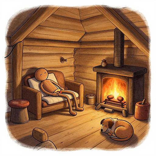 Cartoon drawing of a simple log cabin: a round-headed figure reading by the fireplace, a sleeping dog, wooden furniture, warm light. Cozy