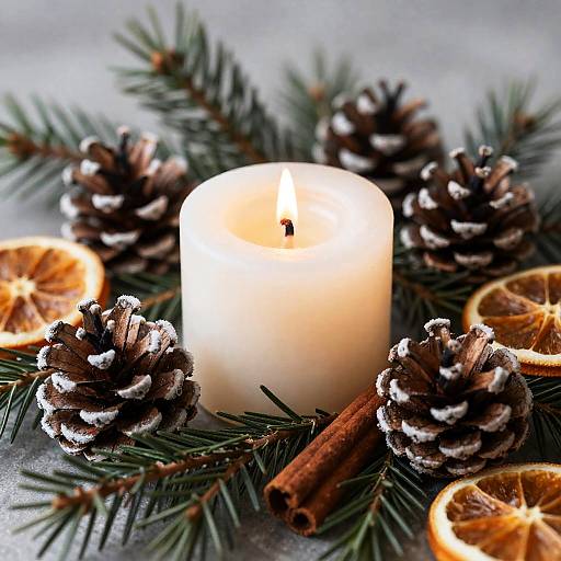 Candle Among Frosted Pinecones and Spices