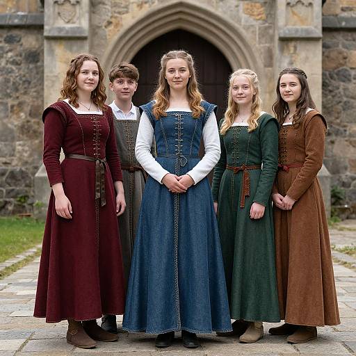 Photograph of five young women in period-style dresses, standing in front of a stone building with an arched doorway. They wear long-sleeve