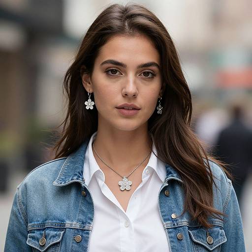 Photograph of a young woman with long brown hair, wearing a denim jacket over a white shirt, floral earrings, and a matching necklace, standing in