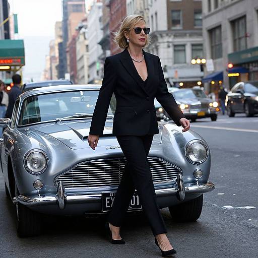 Stylish Woman Posing with Vintage Aston Martin