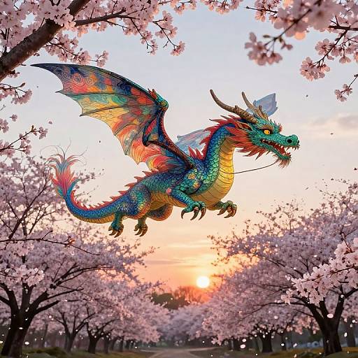 Vibrant digital dragon with rainbow scales and wings soars amidst cherry blossom trees at sunset, surrounded by pink petals and a glowing orange sun.