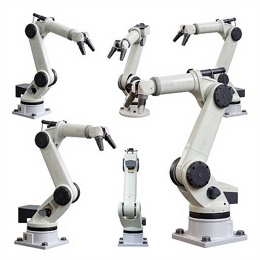 Photograph of six white laboratory microscopes with black knobs and bases, arranged in various orientations against a plain white background.