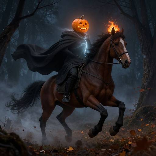 Digital artwork of a dark-hooded figure riding a black horse with glowing eyes and a jack-o'-lantern helmet, in a misty,