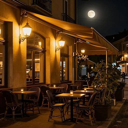 Nighttime photograph of a warmly lit, cozy outdoor café with wicker chairs, small tables, candles, and a full moon in the dark sky.