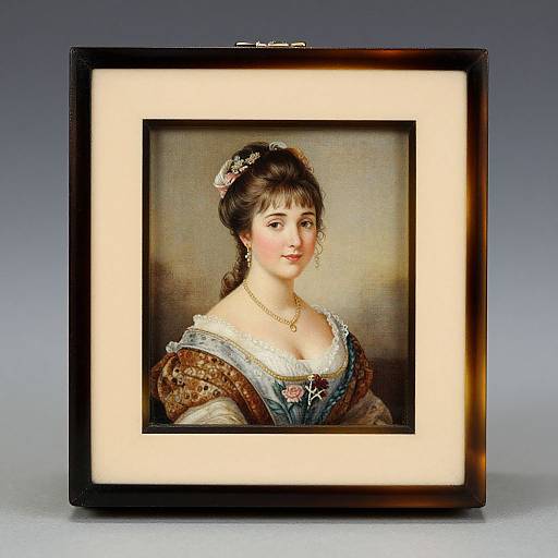 Photograph of a framed, classical portrait painting of a young woman with dark hair, wearing an ornate dress and jewelry, against a gradient background.