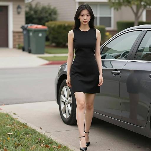 Elegant Woman by Gray Sedan on Driveway
