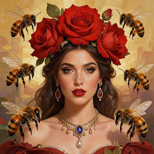 Digital art of a fair-skinned woman with red roses in her hair, surrounded by bees, wearing red dress, gold necklace, blue gemstone,