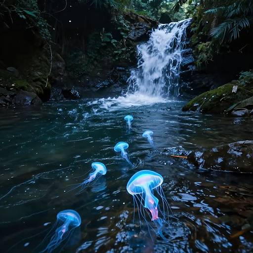 Photograph of glowing blue jellyfish in a dark, forested stream with a cascading waterfall, illuminated by bioluminescence.