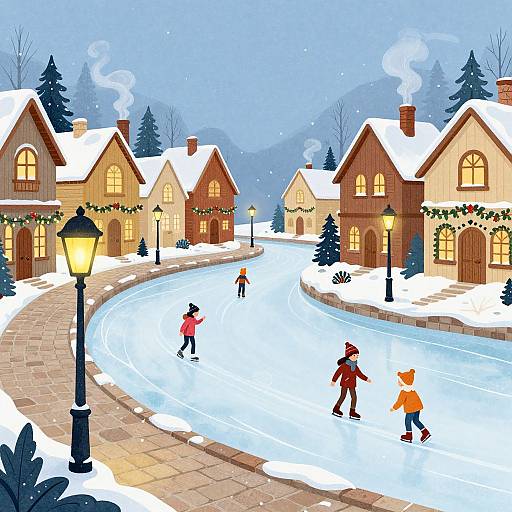 Colorful digital illustration of a snowy village street with four children ice skating, surrounded by warm-lit, Christmas-decorated houses.