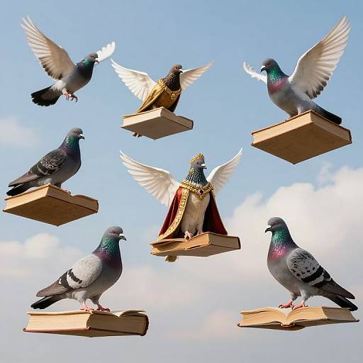 Photograph of six pigeons with iridescent feathers, wearing crowns and robes, perched on floating wooden book platforms against a bright blue sky