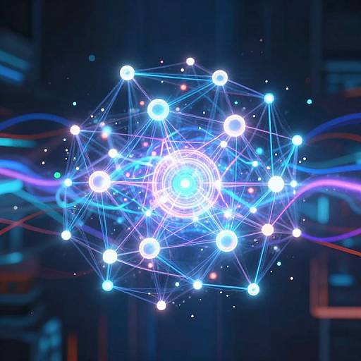 Digital CGI of a glowing, blue and white geometric network of interconnected dots against a dark, blurred background with neon blue and purple lines.