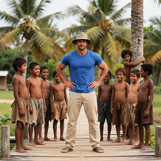 Man in Blue Shirt with Children on Bridge