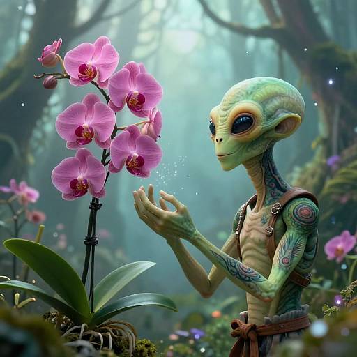 Digital artwork of a green-skinned, tattooed alien with large eyes admiring pink orchids in a misty, enchanted forest.