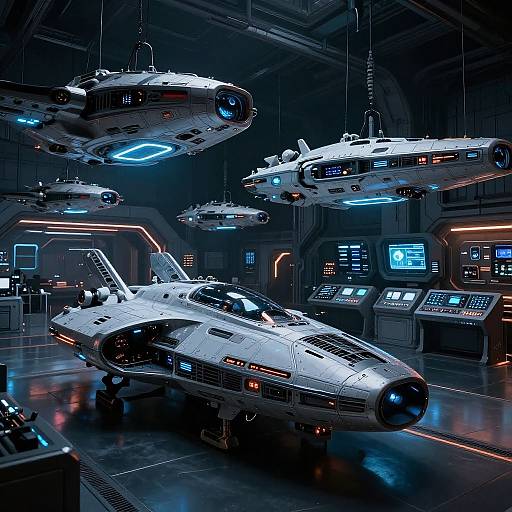 Sci-fi CGI image of a futuristic spaceship hangar with three hovering, illuminated spacecraft and control panels, bathed in blue and orange lights.