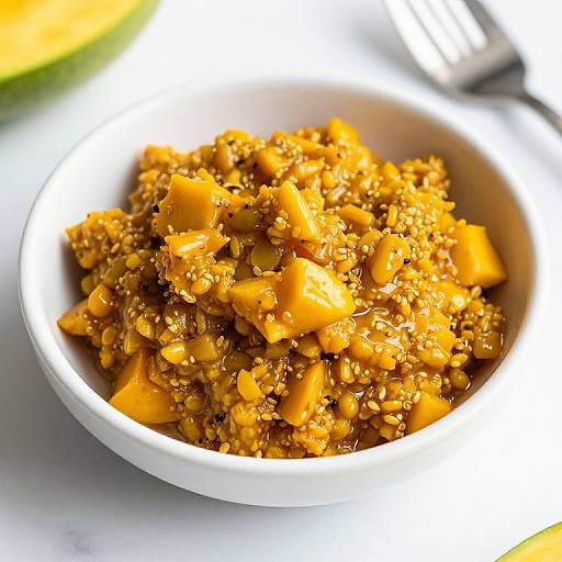 Photograph of a white bowl filled with golden-yellow, chunky textured rice dish, containing diced mango pieces, set on a white surface.