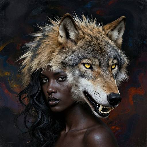 Digital painting of a dark-skinned woman with long black hair, merged with a realistic wolf head, featuring sharp yellow eyes and a snarling mouth