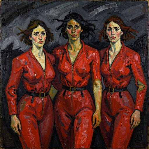 Three women in vivid red, zip-up jumpsuits with black belts, stand against a dark, abstract background in this expressive, oil painting.
