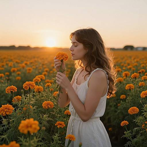 Photograph of a young woman with wavy brown hair, wearing a white sleeveless dress, holding an orange marigold flower in a sunlit
